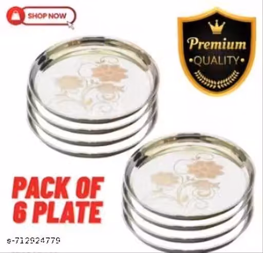 Stainless, Steel 6pc Thali, Plate,(12 inch) Kitchenware Set Ideal for Home, Restaurants and Family Use, Silver(pack of 6)