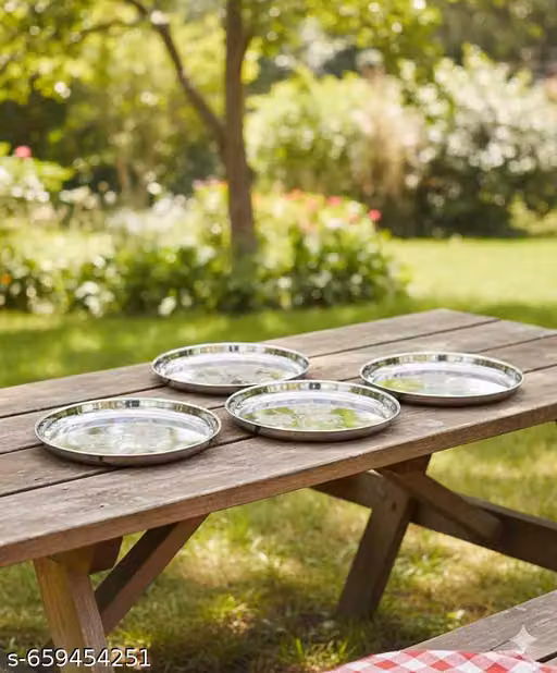 Stainless Steel Dinner Plate Steel Thali Set of 4 for Bhojan Lunch,QUY47