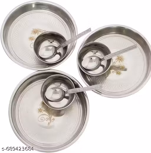 Steel ,Thali ,Dinner, Set || Heavy Quality Stainless Steel Plates & Bowls for Daily Use Use Dinner Set, Solid 9 Pcs Set 3 plate, 3 bowl, 3 spoon