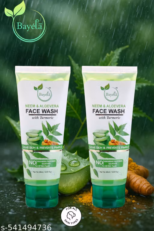 Bayela Neem & Aloe Vera Face Wash with Turmeric – Combo Pack of 2 (60 ml Each) | Anti-Pimple, Clear Skin Formula | No Parabens, Silicones or Sulphates | For All Skin Types