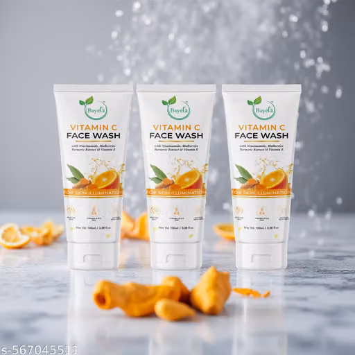 Bayela Vitamin C Facewash for Instant Glow |Tan Removal | Skin Brightening | Niacinamide, Turmeric & Vitamin E | Paraben & Sulphate Free | 100ml Pack Of 3