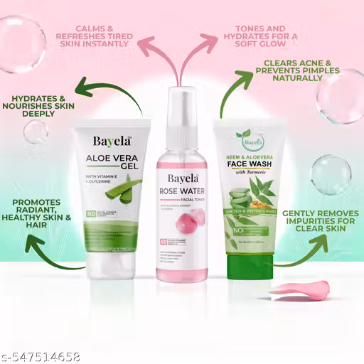 Bayela Skincare Combo | Neem & Aloe Vera Face Wash (60ml) + Rose Water (100ml) + Aloe Vera Gel with Vitamin E (100g) | Anti-Pimple, Skin Toning & Hair Care | No Parabens or Sulphates