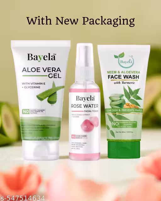 Bayela Skincare Combo | Neem & Aloe Vera Face Wash (60ml) + Rose Water (100ml) + Aloe Vera Gel with Vitamin E (100g) | Anti-Pimple, Skin Toning & Hair Care | No Parabens or Sulphates