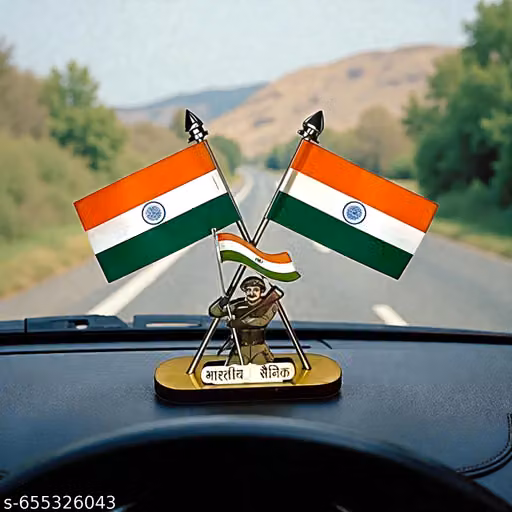 Indian Flag Table Decoration with Army Soldier For Car DashboardTable Home Decoration Decor Cross Design Stand - Double Sided Cross Flag Stand