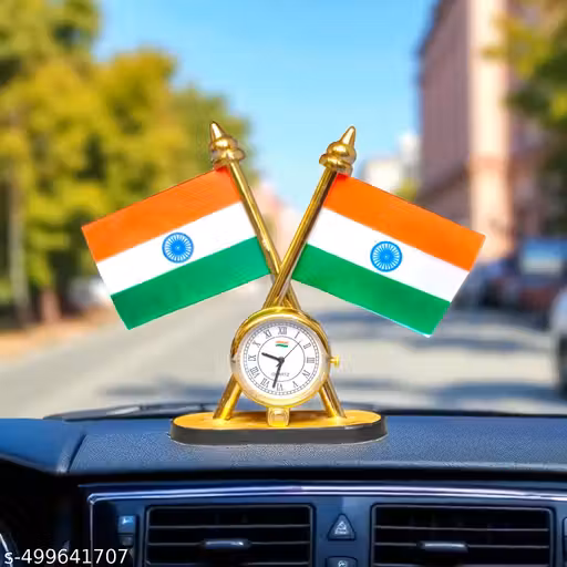 Indian Flag with Quartz Watch for Car Dashboard, Flag for Office Table, Flag for Study Table