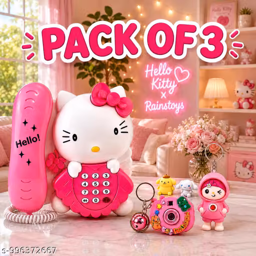 Cute Kitty Telephone Toy + Mini Camera Projector Keychain + Face Changer Keychain Combo for Kids | ( Pack of 3 )