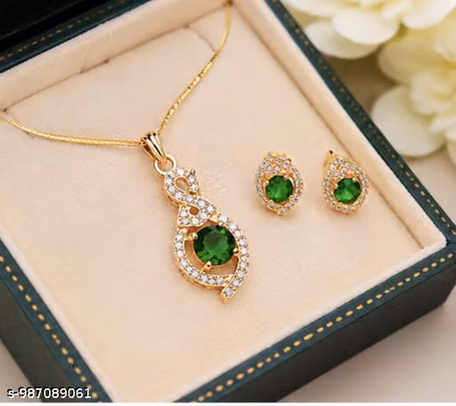 American Diamond Green Emerald Look Pendant Set for Women | Gold Plated CZ Necklace & Matching Earrings | Elegant AD Jewelry Set