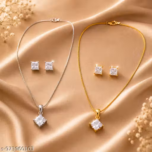 American Diamond Pendant Set Combo | Gold Plated & Silver Plated Square CZ Necklace Earrings Set for Women SEO Keywords
