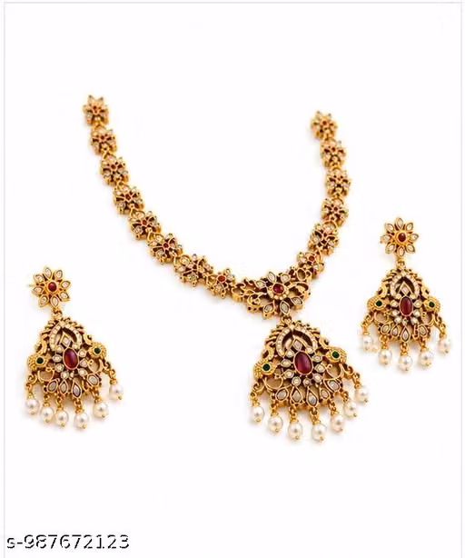 Gold Plated Temple Jewellery Necklace Set with Pearl Drops & Matching Earrings for Women | Traditional Bridal Wedding Jewellery