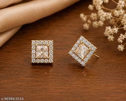 American Diamond Square Stud Earrings for Women | Gold Plated Princess Cut CZ Halo Studs