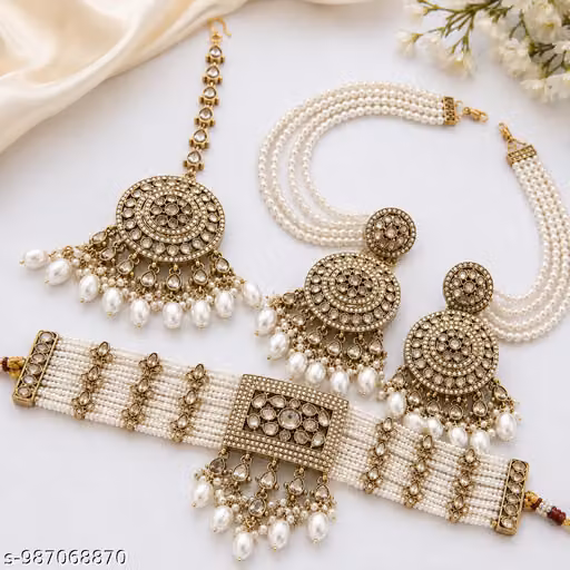 Premium Antique Gold Plated Kundan Pearl Choker Necklace Set with Bahubali Earrings, Mang Tikka & Choker Belt | Bridal Wedding Party Jewellery Set for Women
