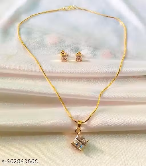 Gold Plated white Zircon Pendant Necklace with Matching Stud Earrings Set for Women & Girls | Elegant Daily Wear Jewellery Set