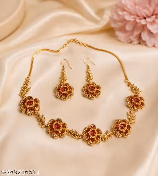 Royal Floral Ruby Stone Necklace Set for Women | Gold Plated AD Jewellery Set with Matching Earrings | Wedding & Party Wear Jewellery
