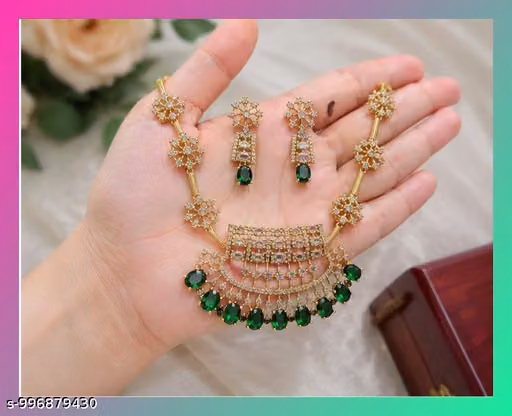 Premium Emerald Green American Diamond Necklace Set with Matching Earrings | Gold Plated Bridal Choker | Wedding, Party & Festive Jewellery for Women