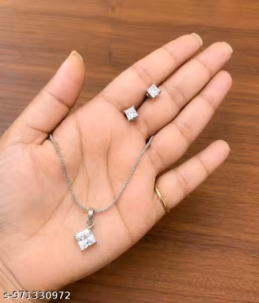 Premium White Princess Cut Solitaire Pendant Necklace & Stud Earrings Set for Women | Anti-Tarnish Silver Plated Cubic Zirconia Jewellery Set