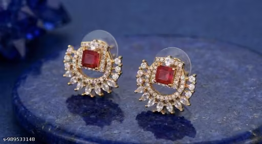 Ruby Red American Diamond Stud Earrings for Women | Gold Plated Designer Kundan Style CZ Party Wear & Wedding Earrings