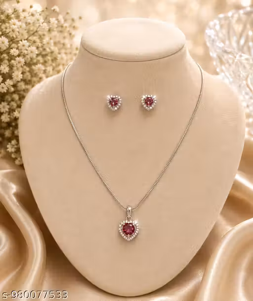 Laado Creations American Diamond Heart Pendant Necklace Set with Matching Stud Earrings | Anti-Tarnish Silver-Plated CZ Jewellery for Women & Girls | Party, Wedding & Daily Wear