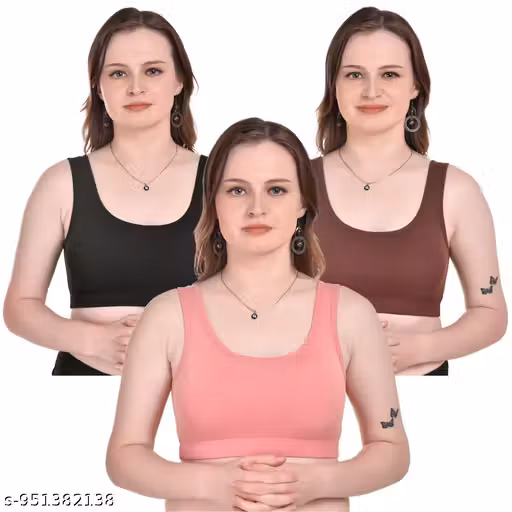 Women Solid Sports Bra Pack of 3 | Non-Padded Wirefree Yoga Gym Bra for Women | Black Pink Brown Activewear Bra Combo