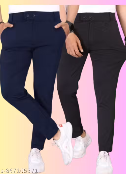 Men Regular fit Formal Stretchable solid Casual lycra trousers for men combo Trousers Black & Dark Blue