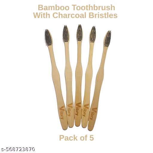 Vibry Toothbrush Bamboo Toothbrush with Charcoal Bristles Wooden Brush Oral Daat Saaf Pack of 5