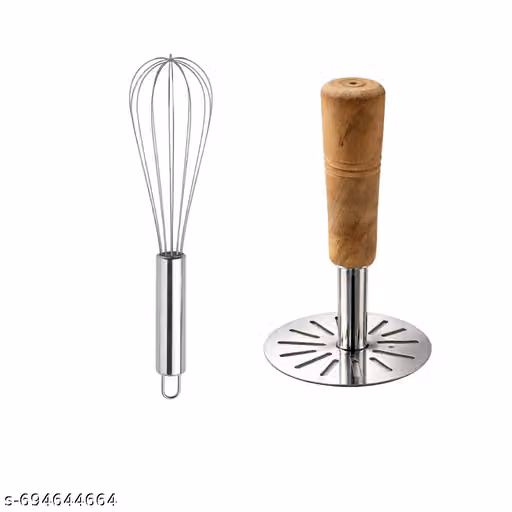 Potato Masher With Wooden Handle + Stainless Steel Whisk Combo Set Kitchen Tool