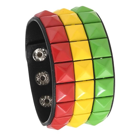 MIPPO® Unisex PU Leather Triple Row Pyramid Studded Bracelet with Adjustable Snap Buttons, Multicolour