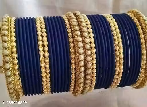 ArthaRupa Non-Precious Metal Base, Metal Bangles with Velvet Work and Studded with Beads Bangles kadaa/Kada Bangles Set Bridal Chooda | Chuda | Choora Set For Woman and Girls for Both Hands(Navy Blue) STYL006