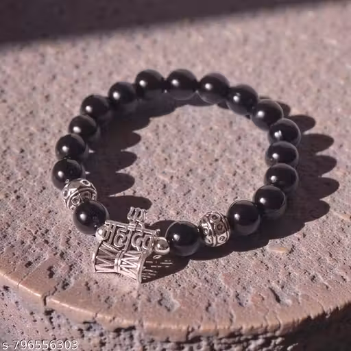 Mahadev Damru Black Bead Bracelet for Men – Shiv Bhakt Adjustable Stretch Rudraksha Style Spiritual Bracelet