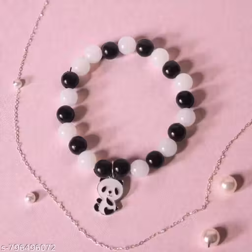 Kawaii Panda Charm Beaded Bracelet – Korean Aesthetic Black & White Elastic Cute Bracelet for Girls
