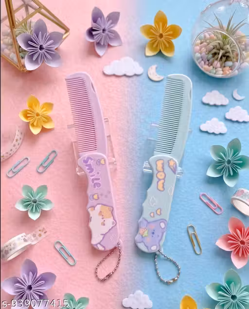 Pack of 2- Cute Korean Cartoon Design Baby Hair Comb, Portable Soft Foldable Handle Hair Styling Comb, Travel Small Wide-Tooth Hair Brush Comb For Girls, Kids (Hair Comb)