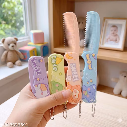 Premium Set of 4 Foldable Cartoon Hair Combs for Kids - Cute Portable Mini Travel Hair Brush for Boys & Girls - Pocket Comb with Keychain (Multicolor)