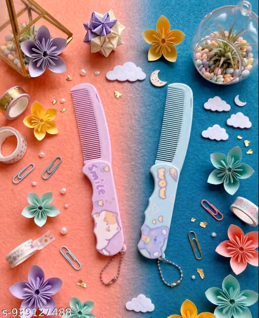 Pack of 2 Premium Imported Korean Kids Hair Comb - Purple & Blue Cartoon Design Foldable Pocket Brush for Girls & Travel