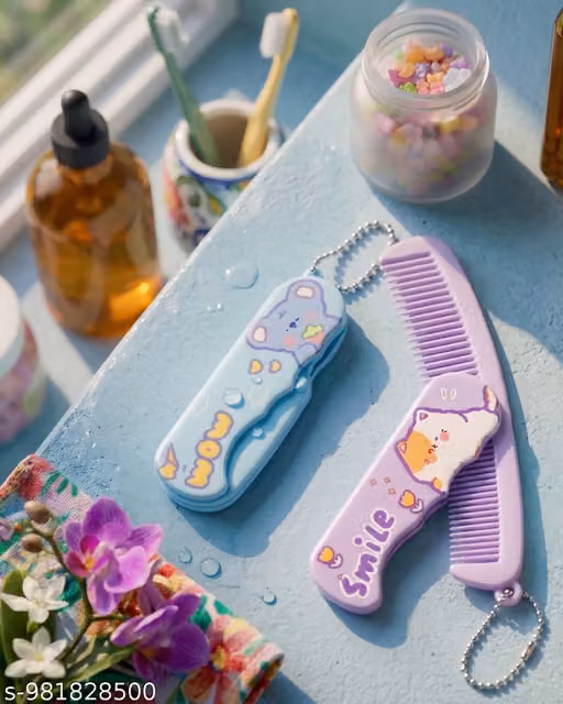 Combo Set of 2 Cute Foldable Pocket Combs – Portable Mini Hair Brushes for Travel & School – Kids & Girls Grooming Accessories