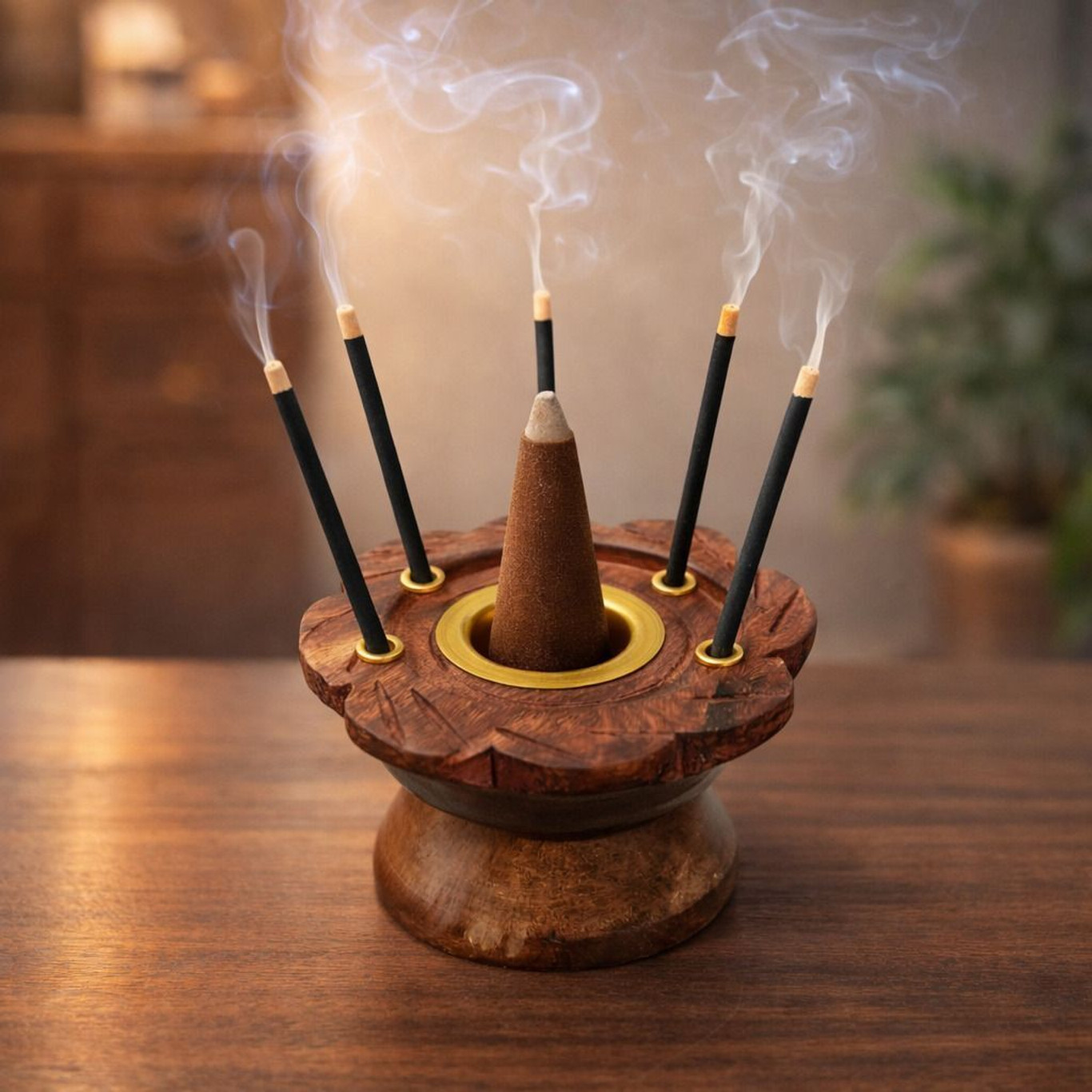 DAIVIKSDECOR LOTUS SHAPE INCENSE HOLDER 3 INCH Wooden Incense Holder (Brown, Pack of 1)