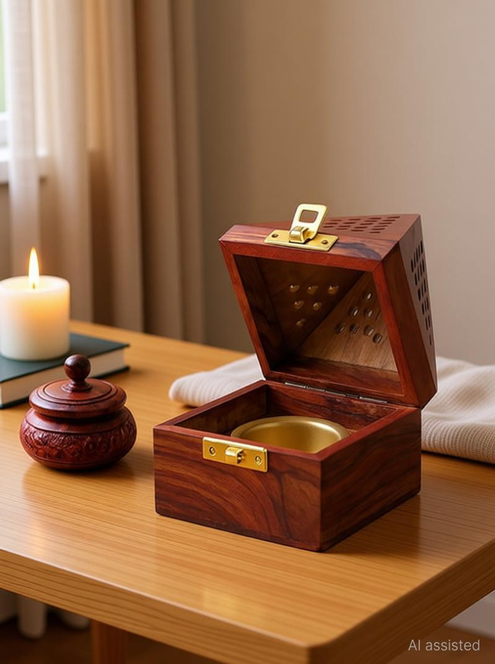Hapy Haven Sheesham Wood Dhoop Stand, Sindoor Dibbi, Kukum Barani Combo Wooden Incense Holder Set (Brown)