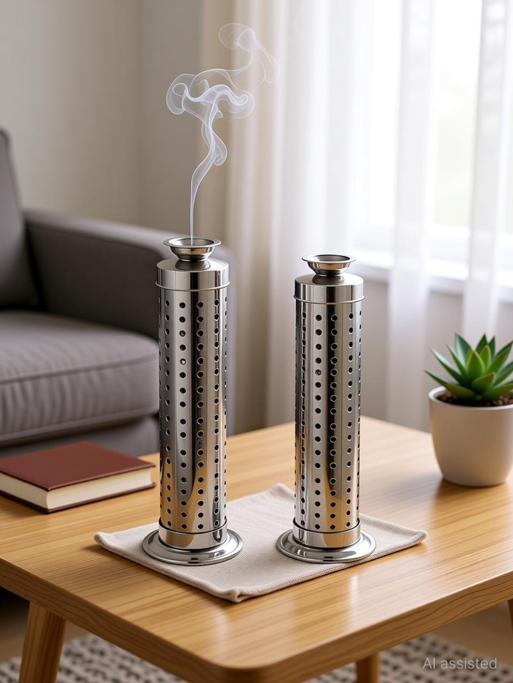 OGU Dhoop Batti Agarbatti Stand Incense Stick Holder with Ash Catcher-2 Pcs.,Silver Stainless Steel Incense Holder (Silver, Pack of 2)