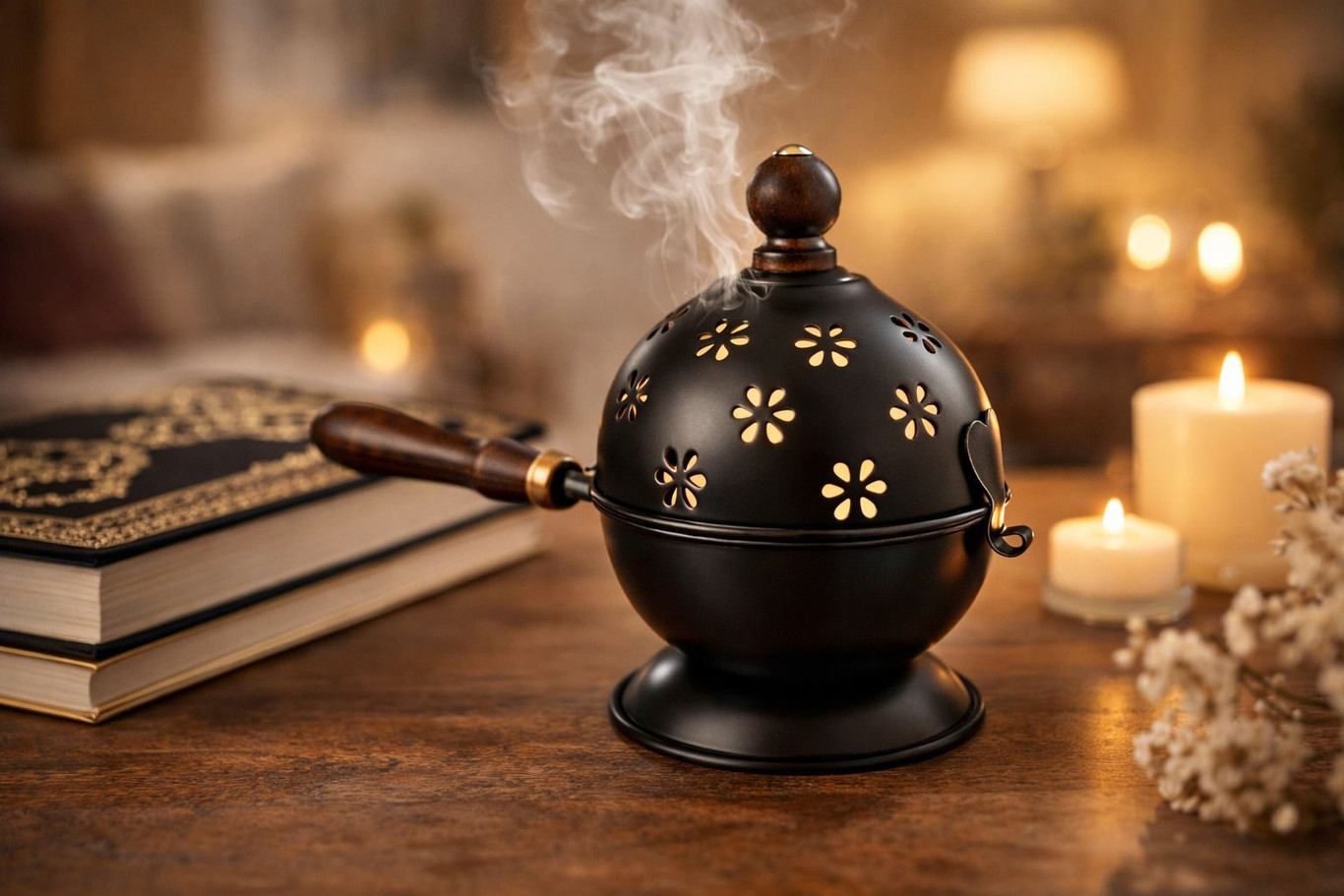Samy Collectibles Curated With love Metal Dhoop Dani Loban Burner for Home Office Temple Puja(Round) Iron, Wooden Incense Holder (Black)