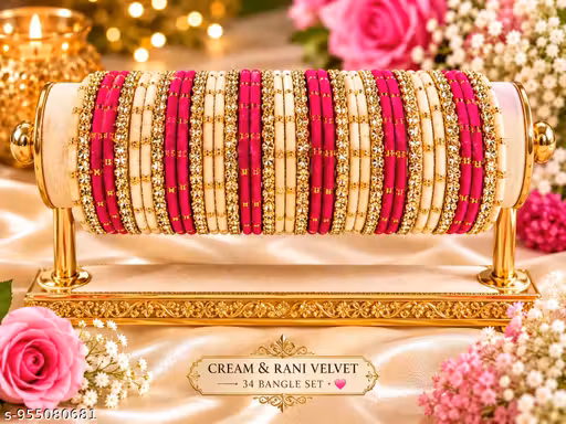 Women's Velvet Bangles Set | Pink & Cream Bridal Chooda with Gold Stone Work (Pack of 48)