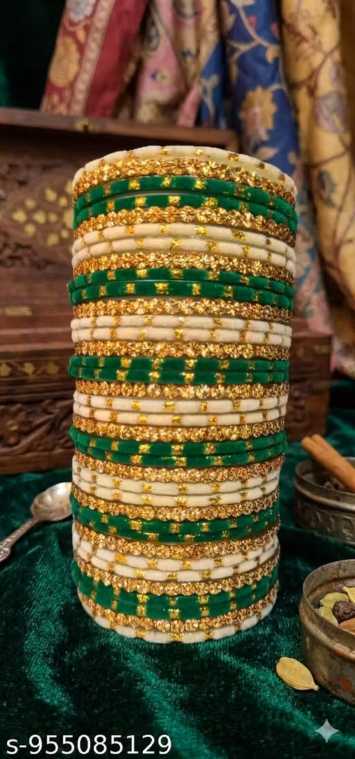 Women's Velvet Bangles Set | Green & Cream Bridal Chooda with Gold Stone Work (Pack of 48)