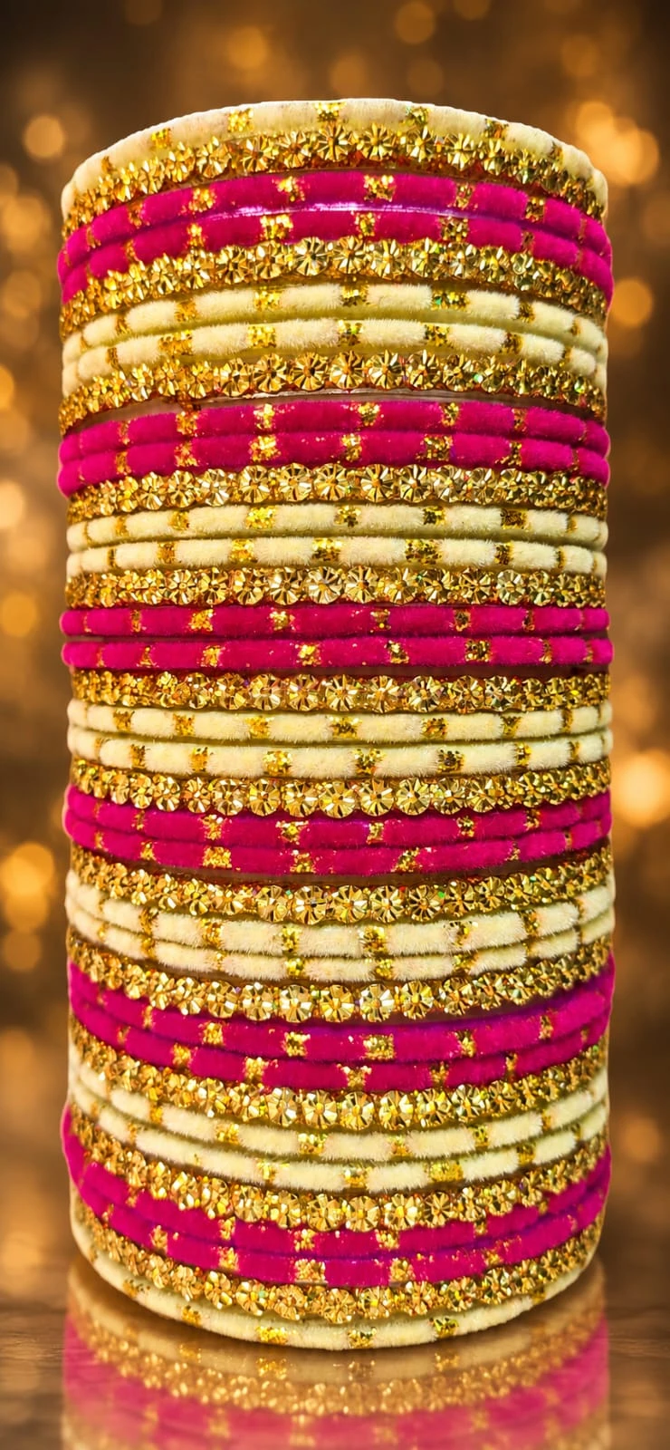 Women's Velvet Bangles Set | Pink & Cream Bridal Chooda with Gold Stone Work (Pack of 48)