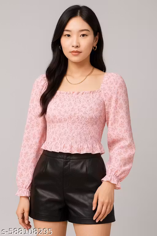 Women Top Floral Smocked Georgette Top with Long Sleeves & Square Neck – Trendy Casual & Party Wear