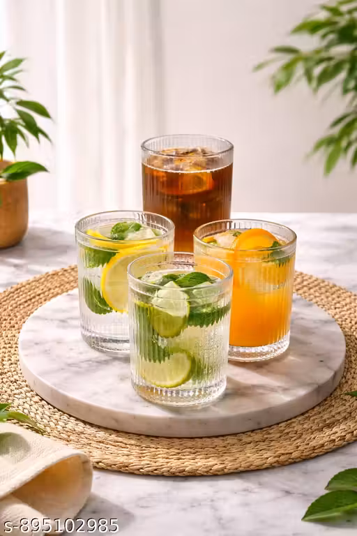 RR-Premium Ribbed Glass Tumbler Set of 6 | Stylish Whiskey & Water Glasses | Transparent Designer Drinkware for Home & Kitchen 200ML