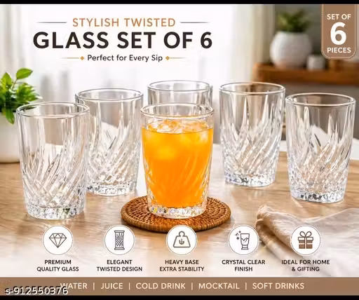 Stylish Twisted Glass Set for Water, & Mocktails - Set of 6 (Heavy Base)