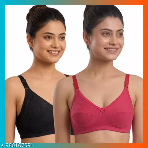 Women Cotton Non Padded Full Coverage Bra Combo Pack of 2. Soft breathable fabric for all day comfort. Non-wired and regular strap design suitable for daily wear. Stylish multicolor combo includes dark pink (rani) , black bras. Comfortable fit with full c