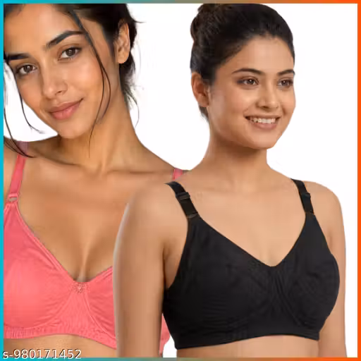 Women Cotton Non-Padded Full Coverage Bra Combo Pack of 2. Soft breathable fabric for all day comfort. Non-wired and regular strap design suitable for daily wear. Stylish multicolor combo includes black, pink bras. Comfortable fit with full coverage suppo