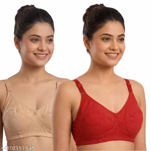 Women Cotton Non Padded Full Coverage Bra Combo Pack of 2. Soft breathable fabric for all day comfort. Non-wired and regular strap design suitable for daily wear. Stylish multicolor combo includes red,cream bras. Comfortable fit with full coverage support