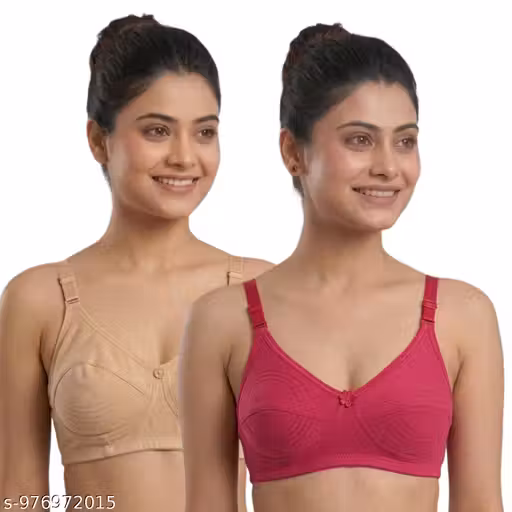 Women Cotton Non Padded Full Coverage Bra Combo Pack of 2. Soft breathable fabric for all day comfort. Non-wired and regular strap design suitable for daily wear. Stylish multicolor combo includes dark pink (rani) , cream bras. Comfortable fit with full c