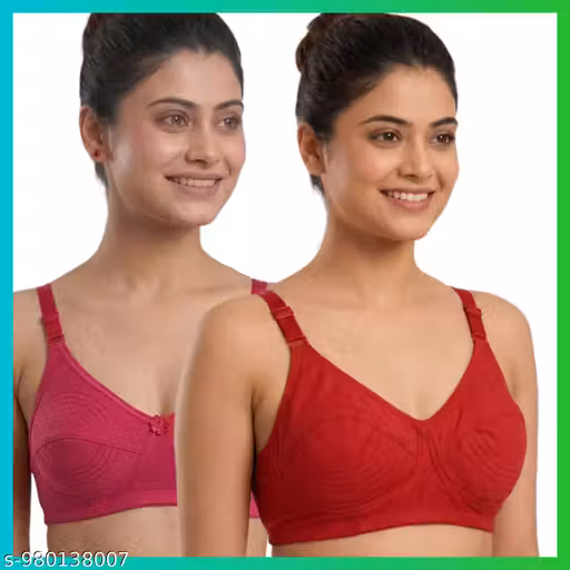 Women Cotton Non-Padded Full Coverage Bra Combo Pack of 2. Soft breathable fabric for all day comfort. Non-wired and regular strap design suitable for daily wear. Stylish multicolor combo includes dark pink (Rani) ,Red bras. Comfortable fit with full cove