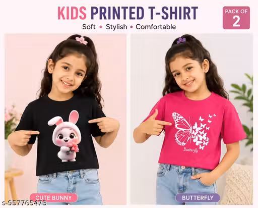 Girls Fairy Print Crop Top Combo Pack of 2 | Half Sleeve Cotton Casual T-Shirts (Black & Pink)