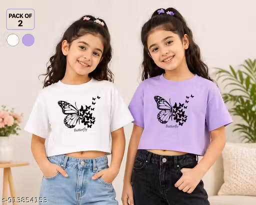 Girls Butterfly Print Crop Top | Half Sleeve Cotton Casual Crop T-Shirt for Girls (Yellow)